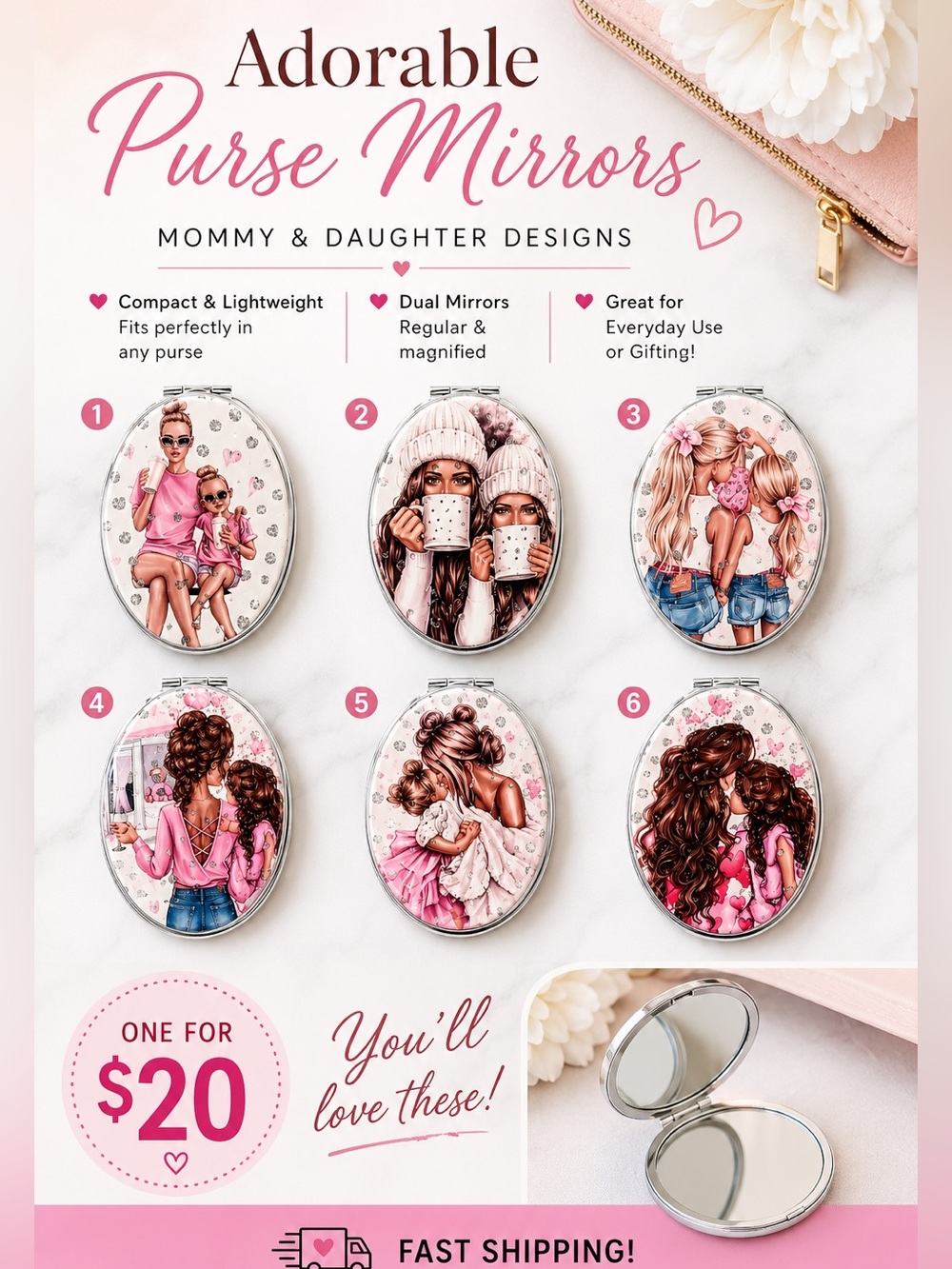 Adorable Mommy & Daughter Compact Mirror - Pink Design